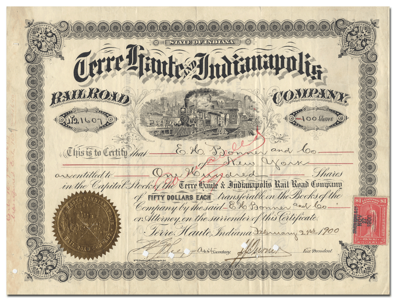 Terre Haute and Indianapolis Railroad Company Stock Certificate