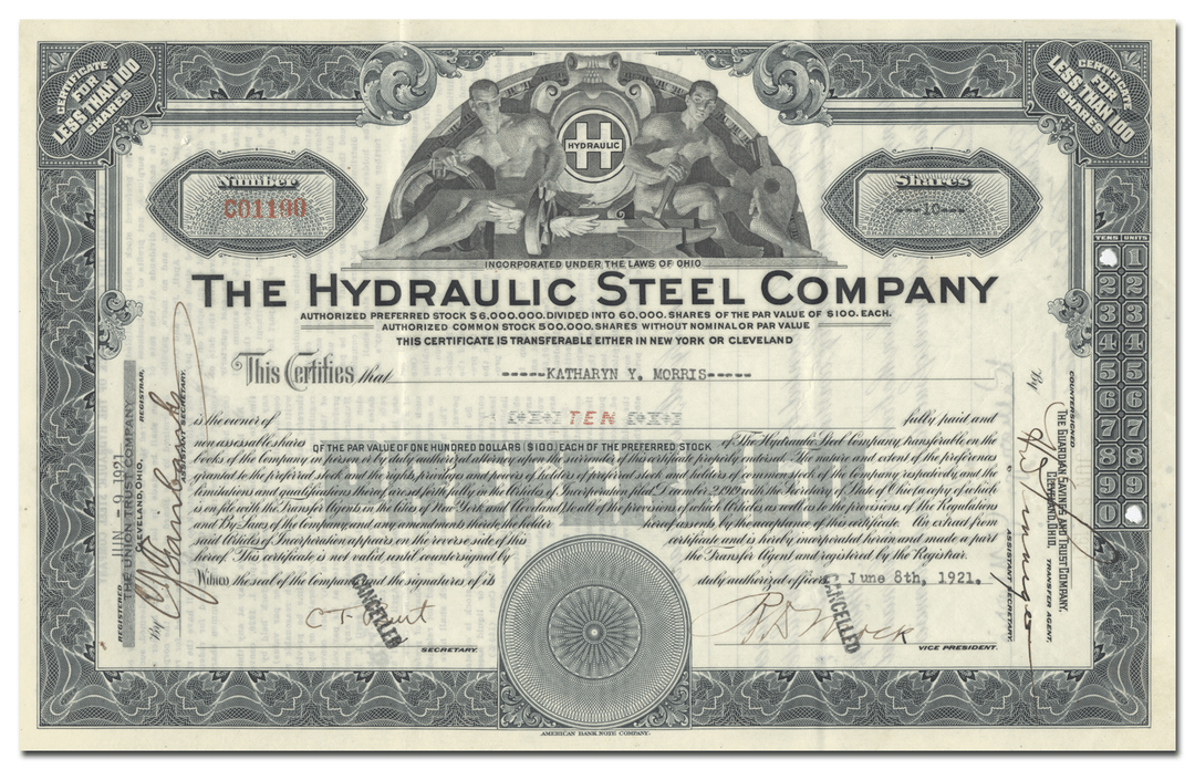 Hydraulic Steel Company Stock Certificate