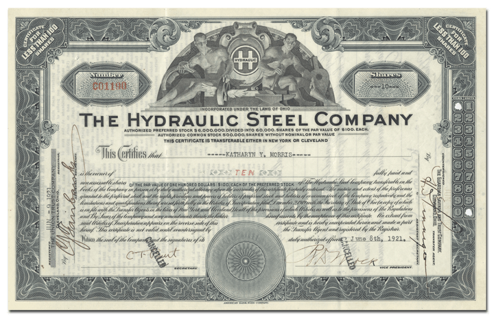 Hydraulic Steel Company Stock Certificate