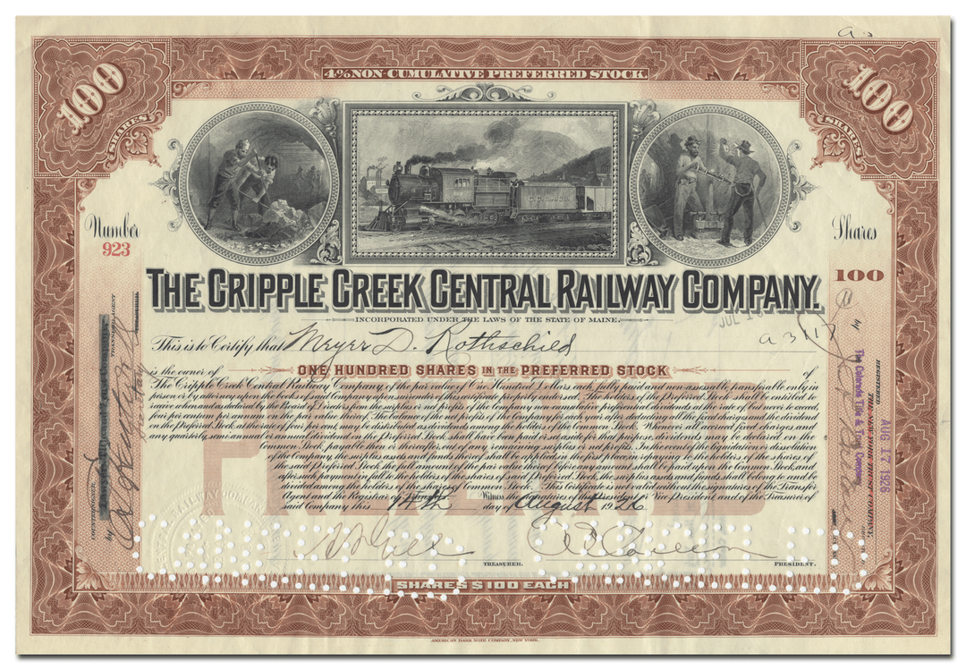 Cripple Creek Central Railway Company Stock Certificate