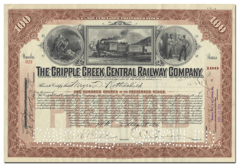 Cripple Creek Central Railway Company Stock Certificate