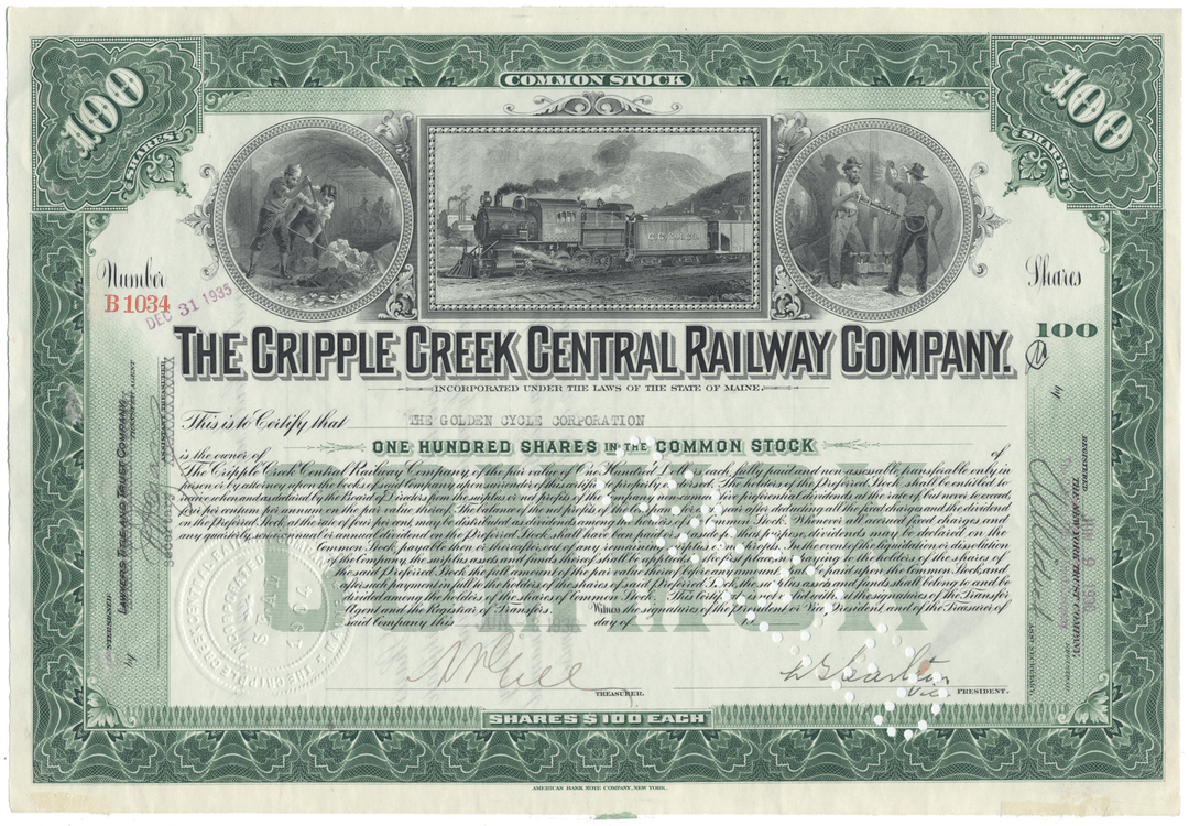 Cripple Creek Central Railway Company Stock Certificate