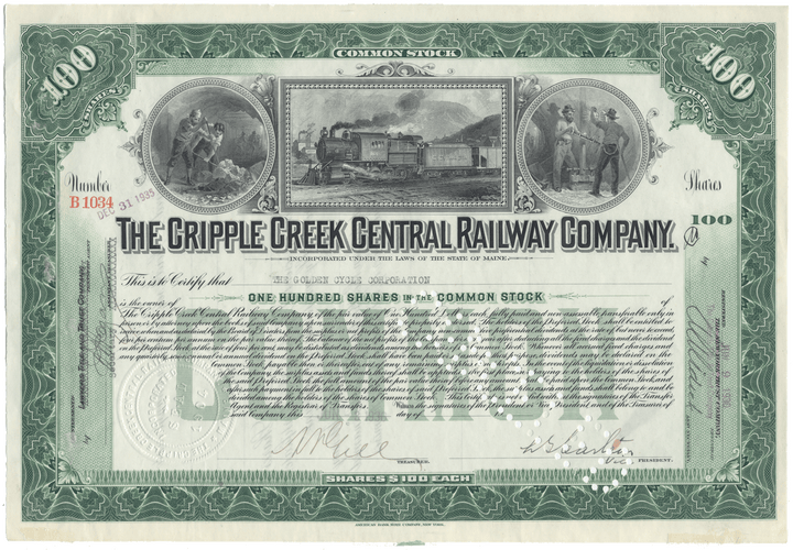 Cripple Creek Central Railway Company Stock Certificate