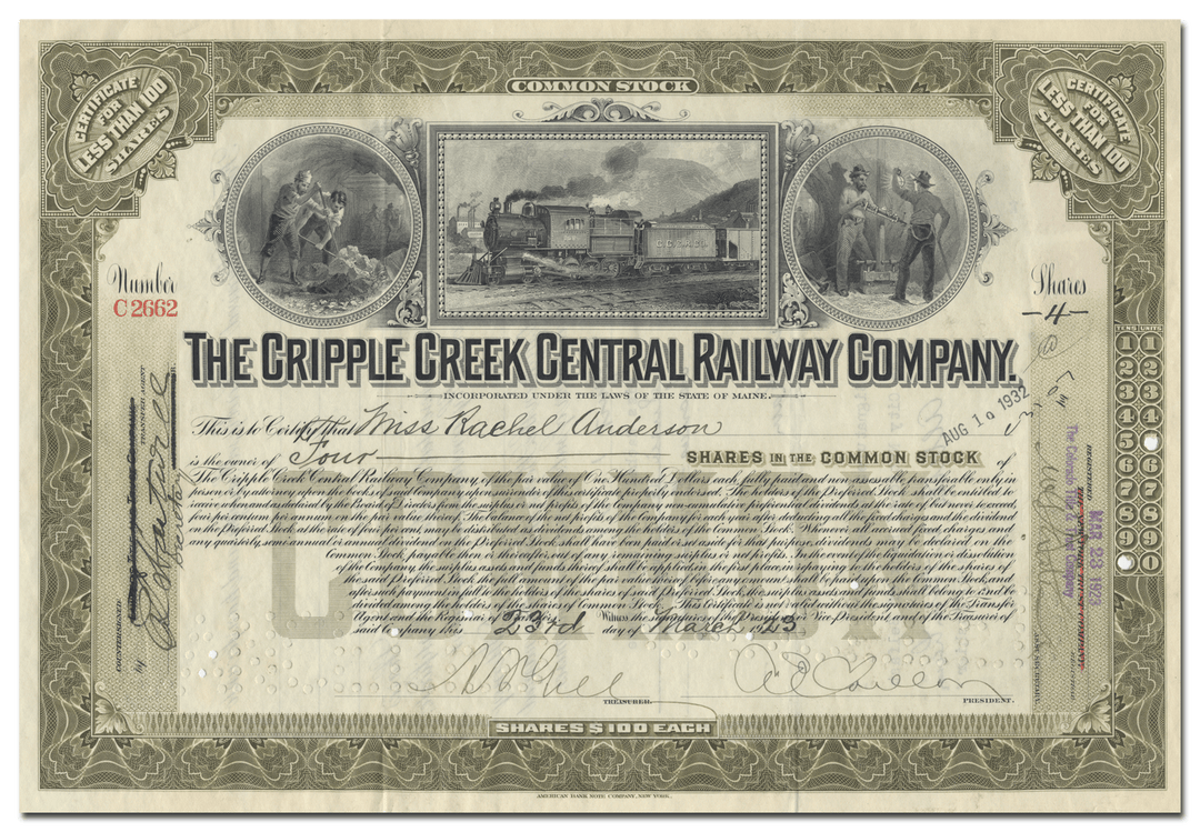 Cripple Creek Central Railway Company Stock Certificate