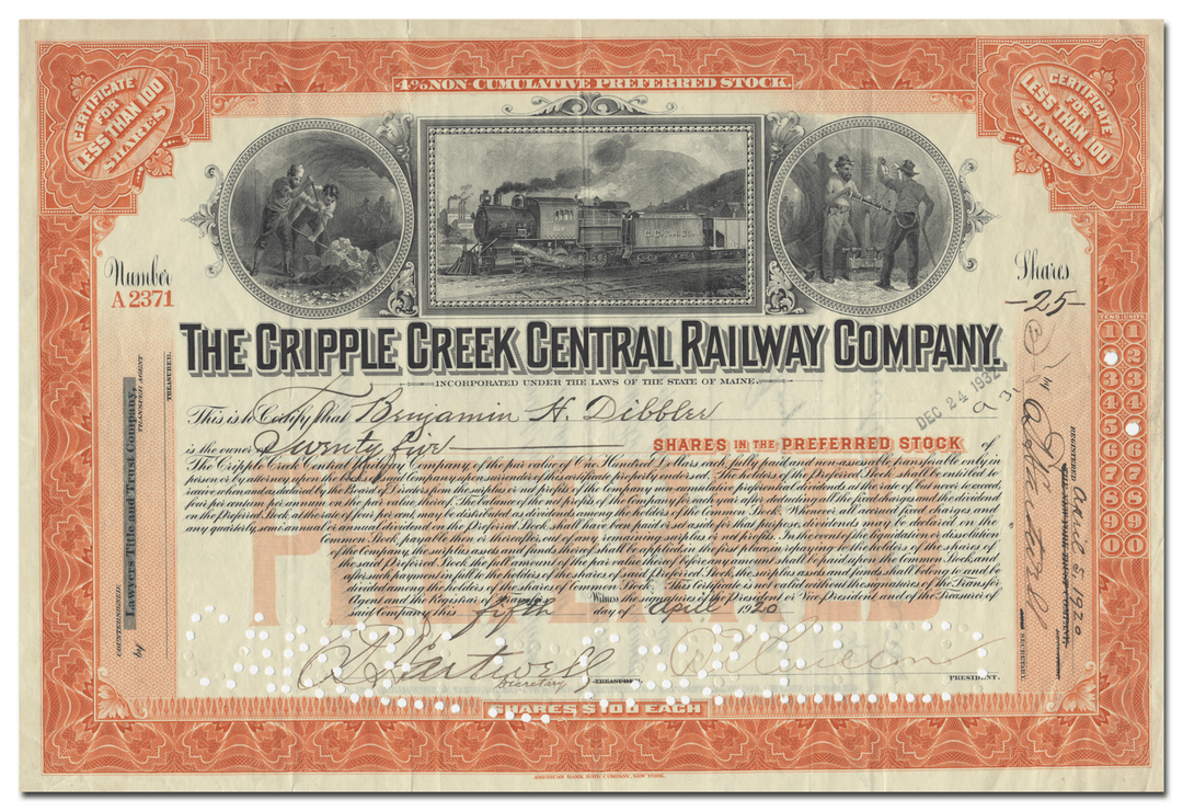 Cripple Creek Central Railway Company Stock Certificate