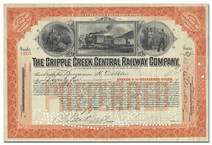 Cripple Creek Central Railway Company Stock Certificate