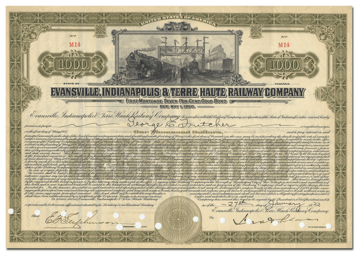 Evansville, Indianapolis & Terre Haute Railway Company Bond Certificate