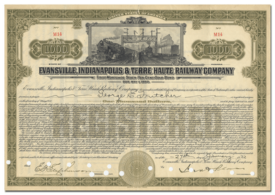 Evansville, Indianapolis & Terre Haute Railway Company Bond Certificate