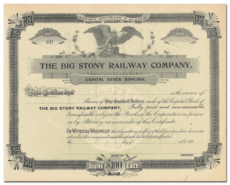 Big Stony Railway Company Stock Certificate