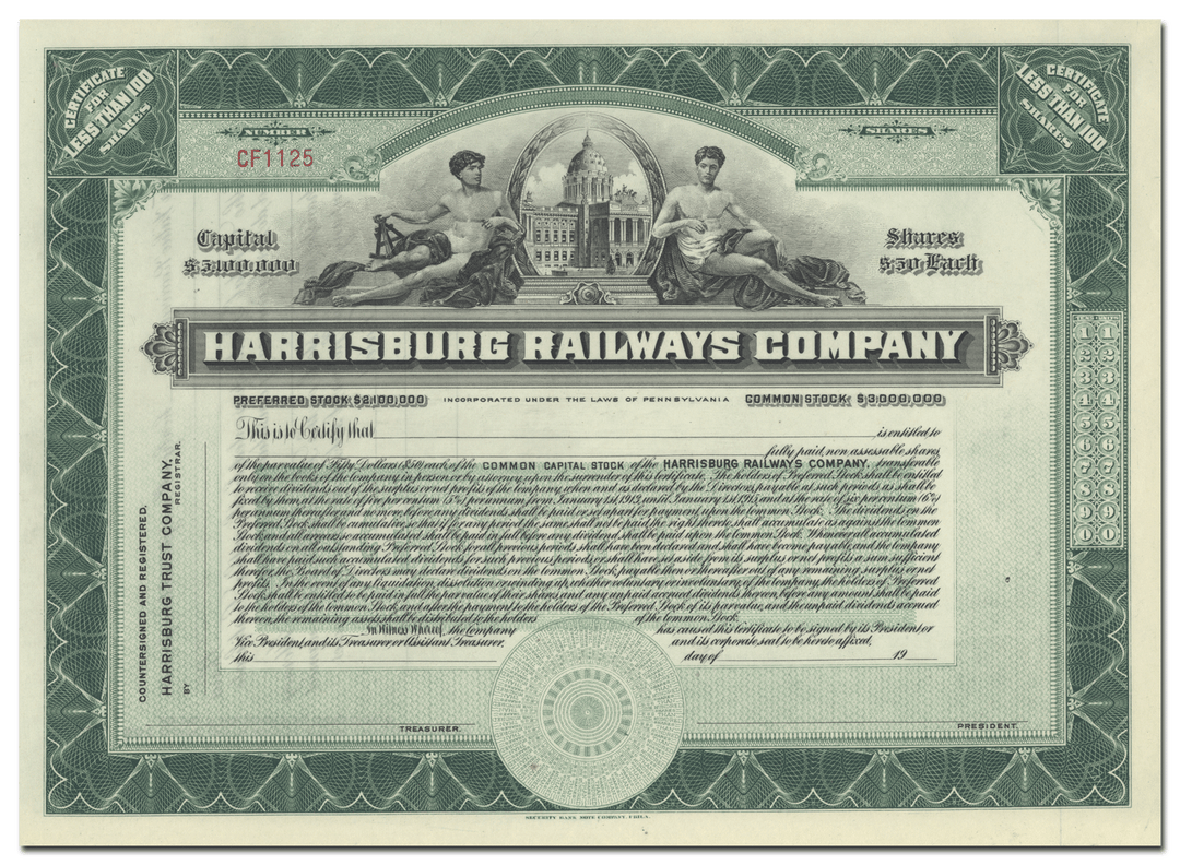 Harrisburg Railways Company Stock Certificate