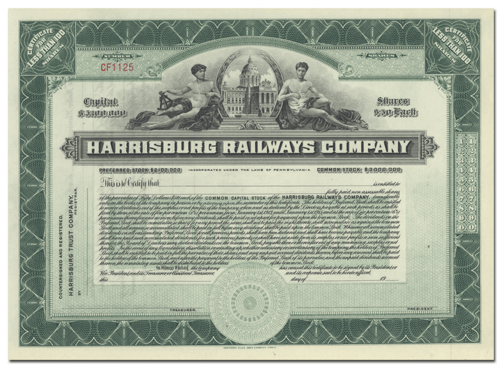 Harrisburg Railways Company Stock Certificate