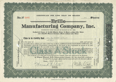 Brillo Manufacturing Company, Inc. Stock Certificate Signed by Inventor Milton Loeb