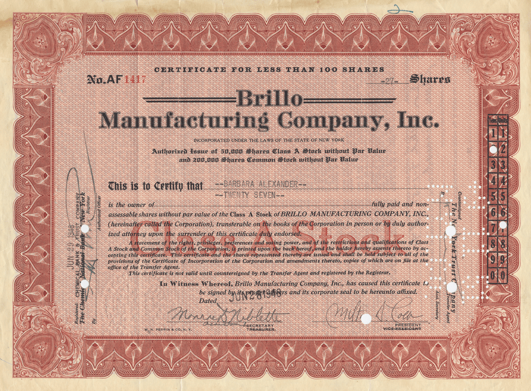 Brillo Manufacturing Company, Inc. Stock Certificate Signed by Inventor Milton Loeb