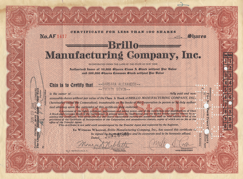 Brillo Manufacturing Company, Inc. Stock Certificate Signed by Inventor Milton Loeb