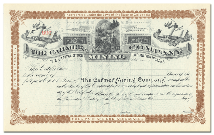 Carmer Mining Company Stock Certificate