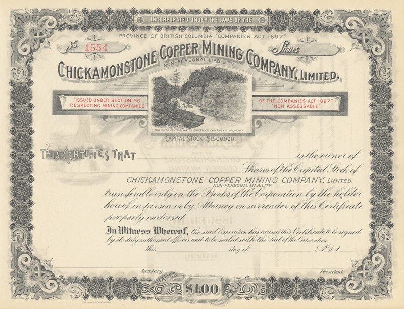 Chickamonstone Copper Mining Company, Limited Stock Certificate