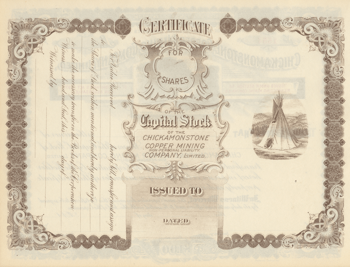 Chickamonstone Copper Mining Company, Limited Stock Certificate (Back)