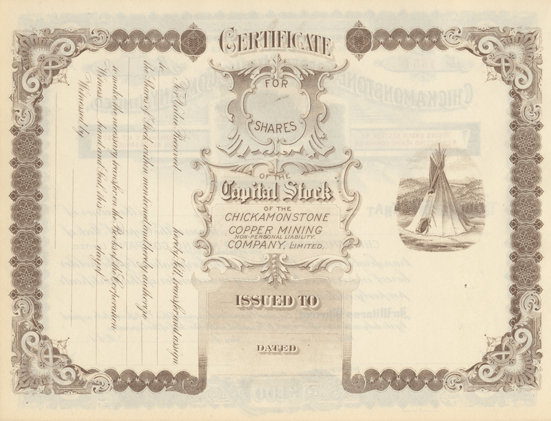 Chickamonstone Copper Mining Company, Limited Stock Certificate (Back)
