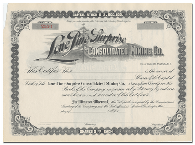 Lone Pine Surprise Consolidated Mining Co. Stock Certificate