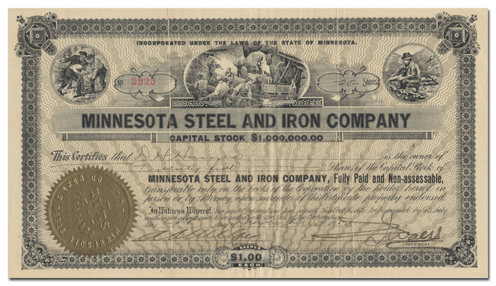 Minnesota Steel and Iron Company Stock Certificate Signed by T. J. Walsh