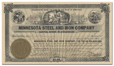 Minnesota Steel and Iron Company Stock Certificate Signed by T. J. Walsh