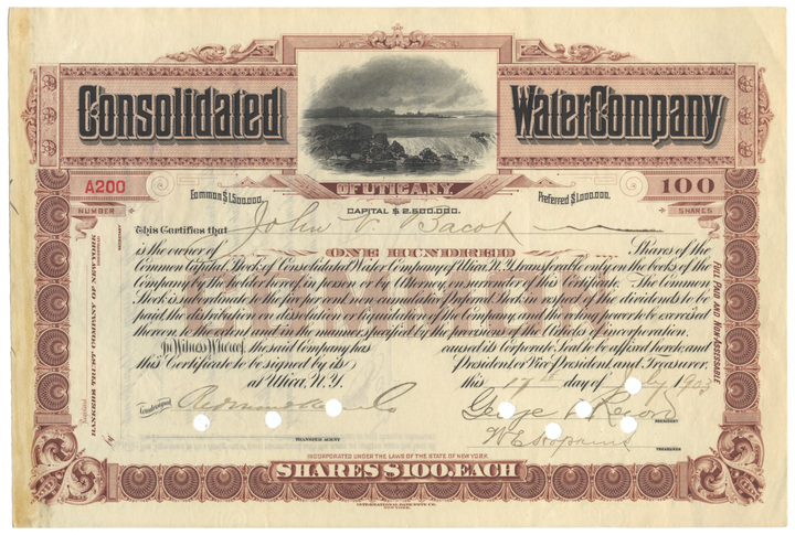 Consolidated Water Company of Utica, N. Y. Stock Certificate