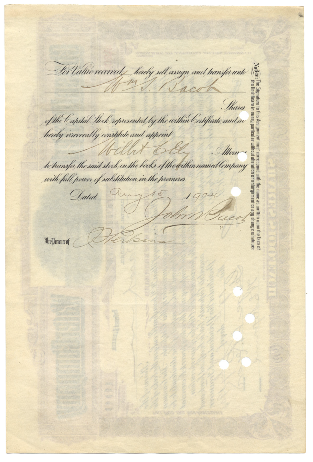 Consolidated Water Company of Utica, N. Y. Stock Certificate