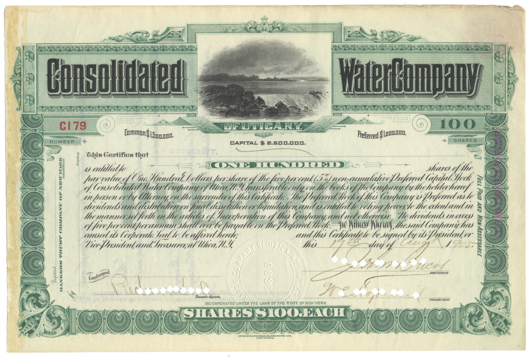 Consolidated Water Company of Utica, N. Y. Stock Certificate