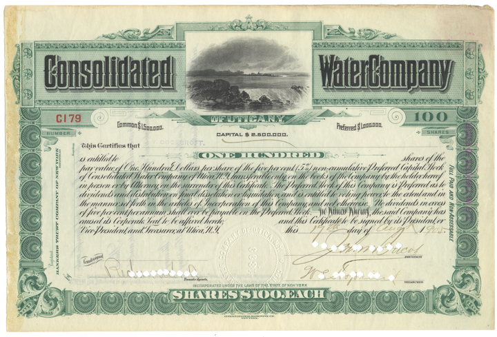 Consolidated Water Company of Utica, N. Y. Stock Certificate