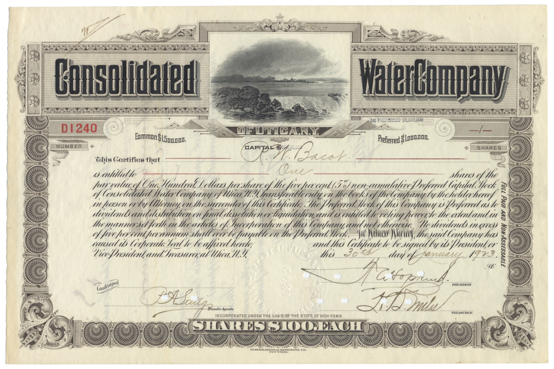 Consolidated Water Company of Utica, N. Y. Stock Certificate