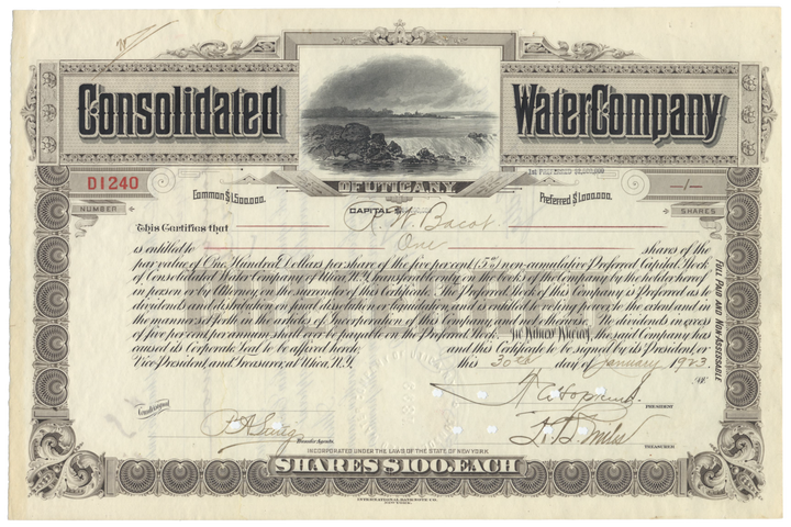 Consolidated Water Company of Utica, N. Y. Stock Certificate