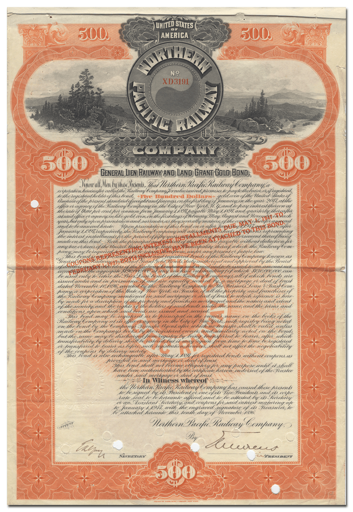 Northern Pacific Railway Company Bond Certificate (Back)