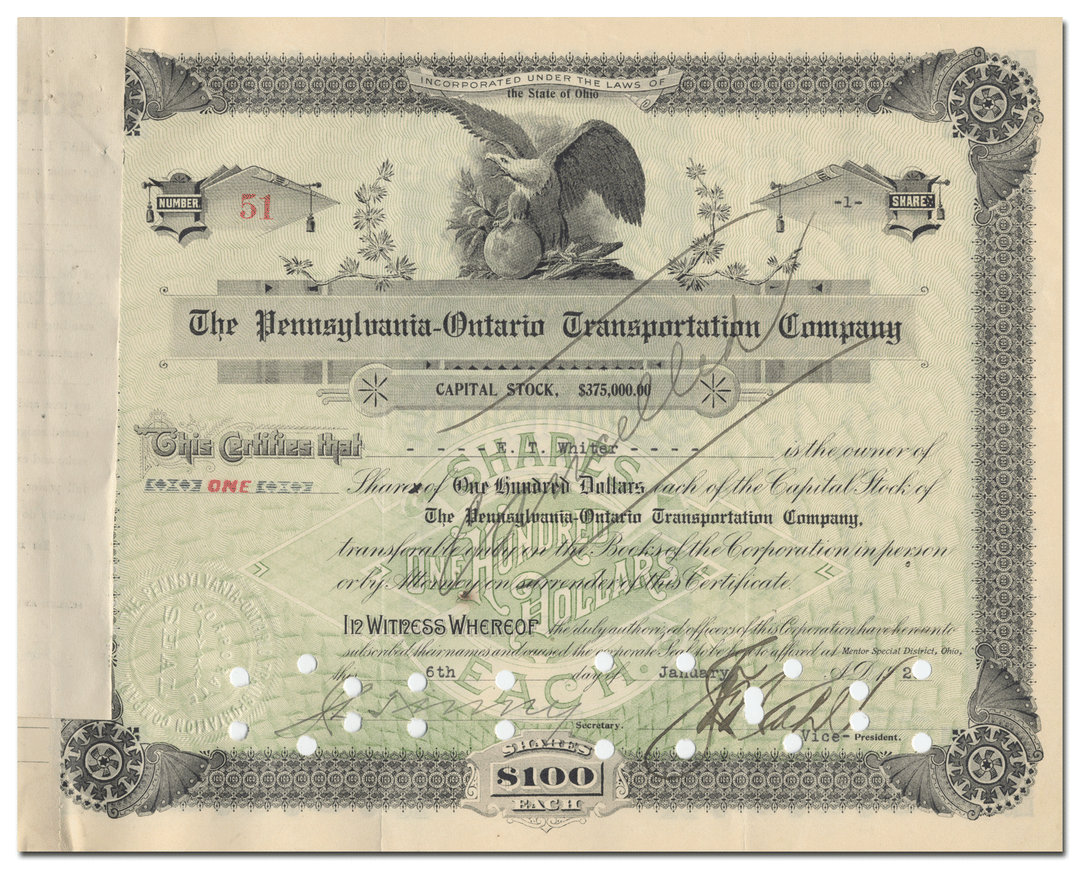 Pennsylvania - Ontario Transportation Company Stock Certificate