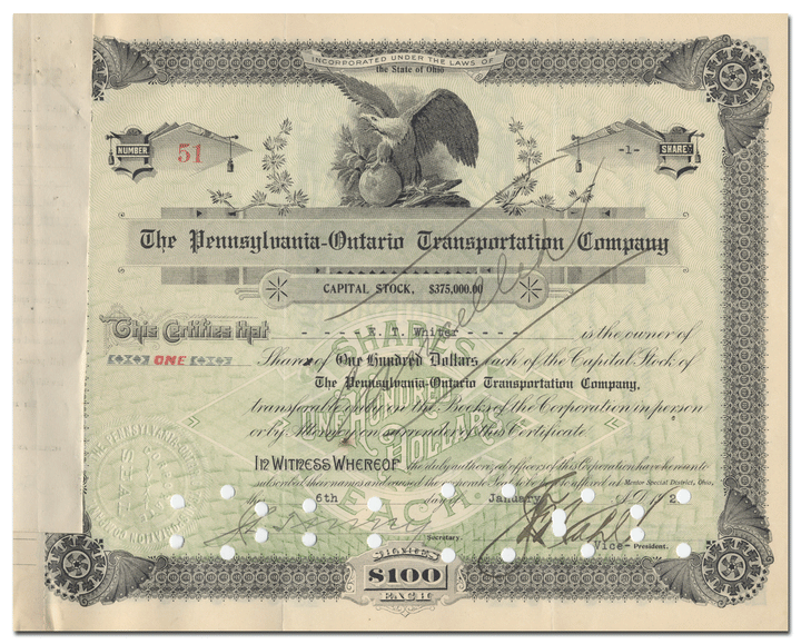 Pennsylvania - Ontario Transportation Company Stock Certificate