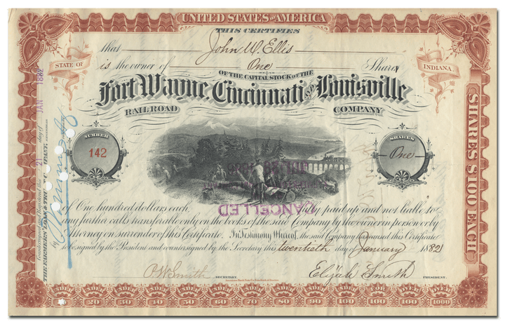 Fort Wayne, Cincinnati and Louisville Rail Road Company Stock Certificate