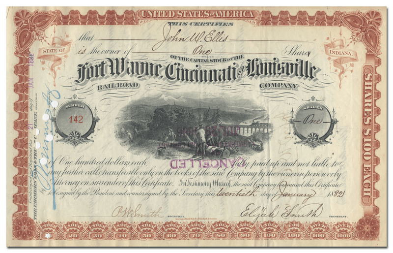 Fort Wayne, Cincinnati and Louisville Rail Road Company Stock Certificate
