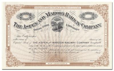 Aspen and Maroon Railway Company Stock Certificate