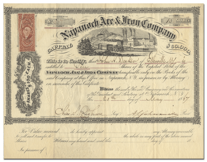 Napanoch Axe & Iron Company Stock Certificate