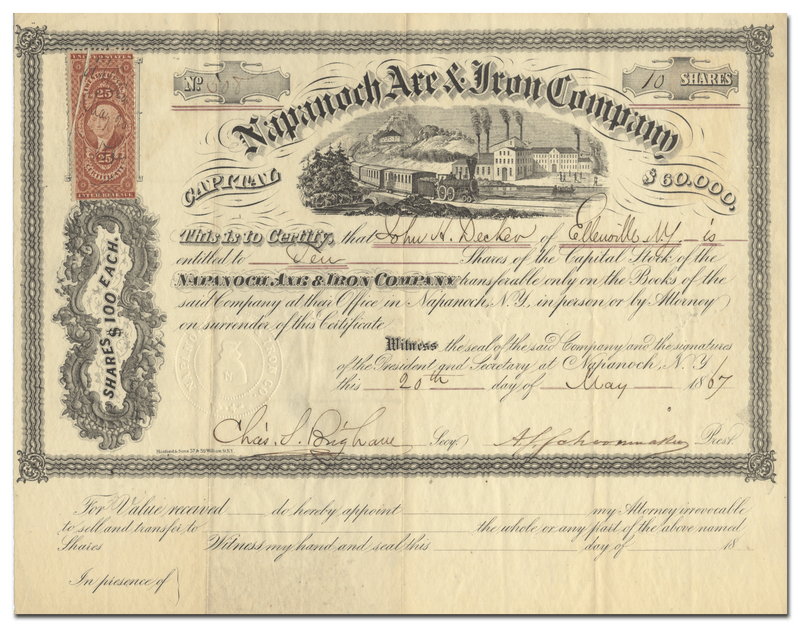 Napanoch Axe & Iron Company Stock Certificate
