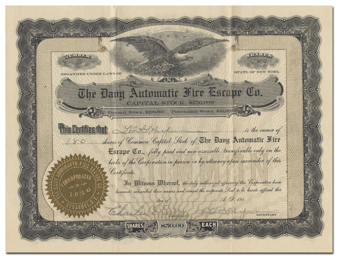 Davy Automatic Fire Escape Co. Stock Certificate