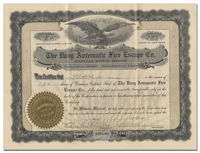 Davy Automatic Fire Escape Co. Stock Certificate