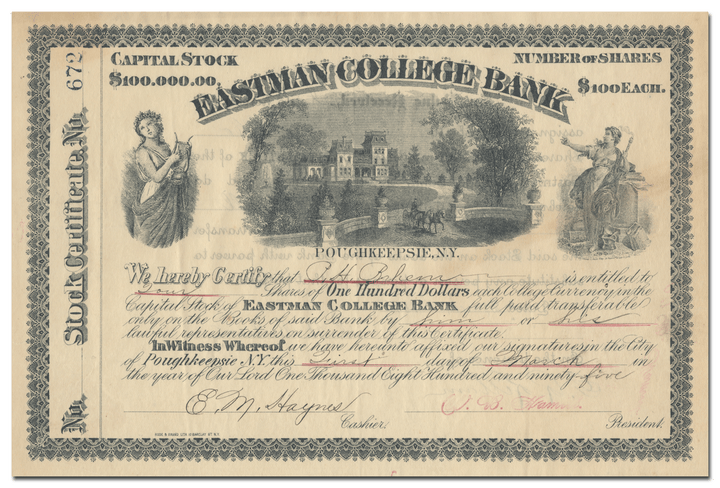 Eastman College Bank Stock Certificate