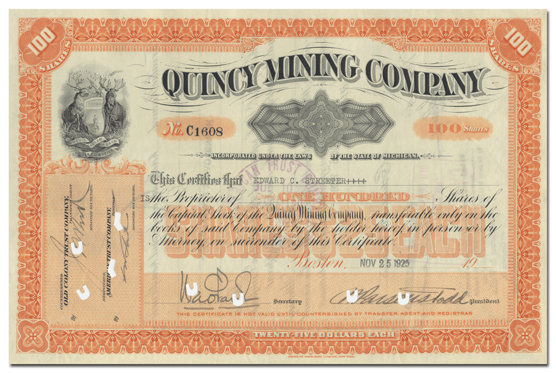 Quincy Mining Company Stock Certificate