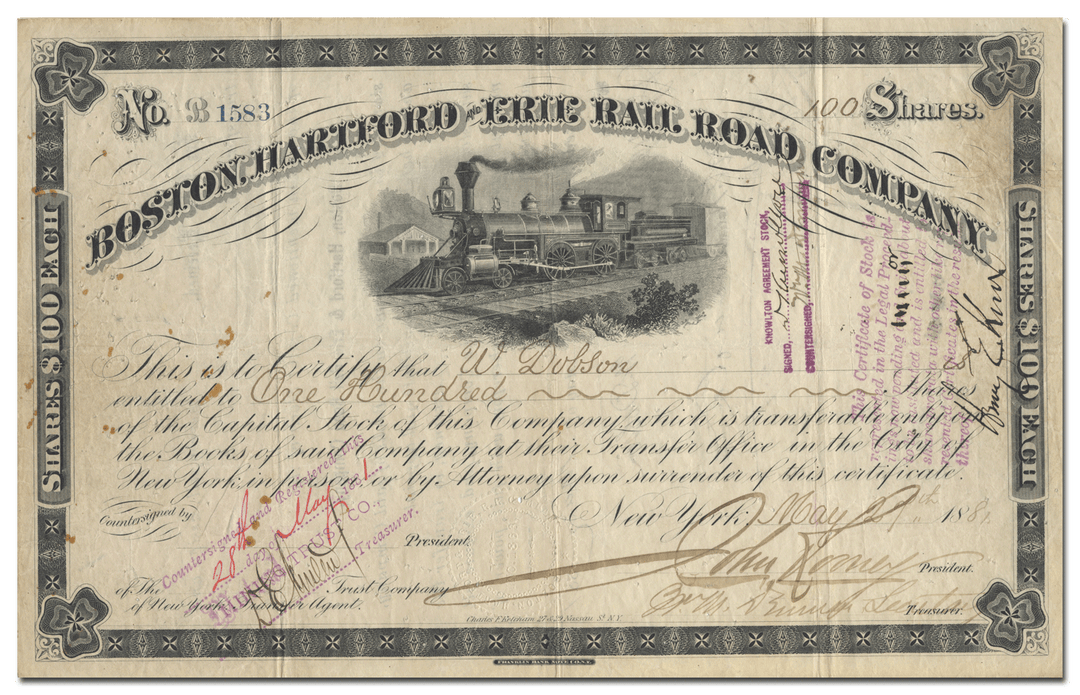 Boston, Hartford and Erie Rail Road Company Stock Certificate