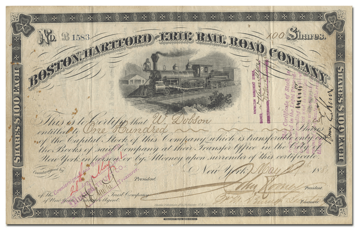 Boston, Hartford and Erie Rail Road Company Stock Certificate