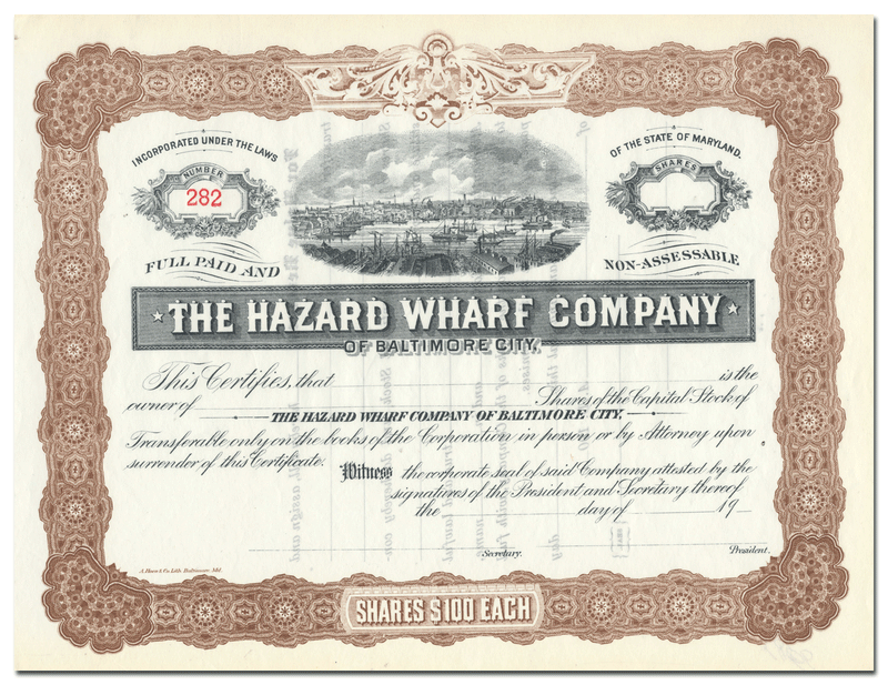 Hazard Wharf Company of Baltimore City Stock Certificate