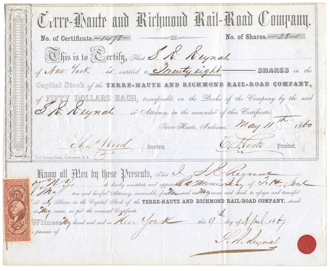 Terre-Haute and Richmond Rail-Road Company Stock Certificate