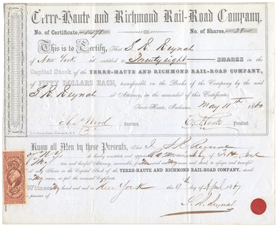 Terre-Haute and Richmond Rail-Road Company Stock Certificate