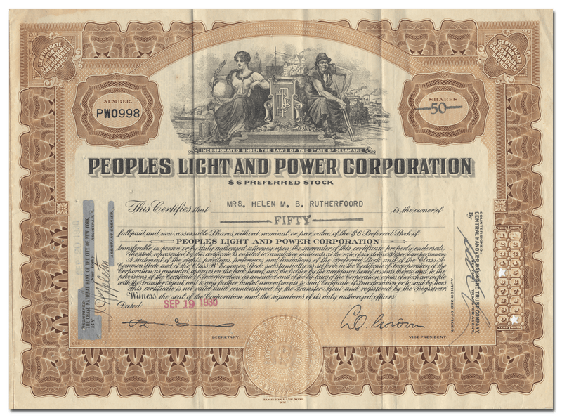 Peoples Light and Power Corporation Stock Certificate