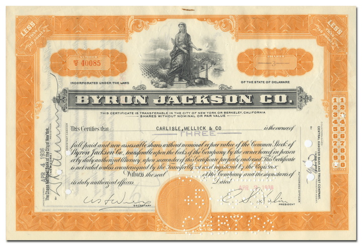 Byron Jackson Co. Stock Certificate